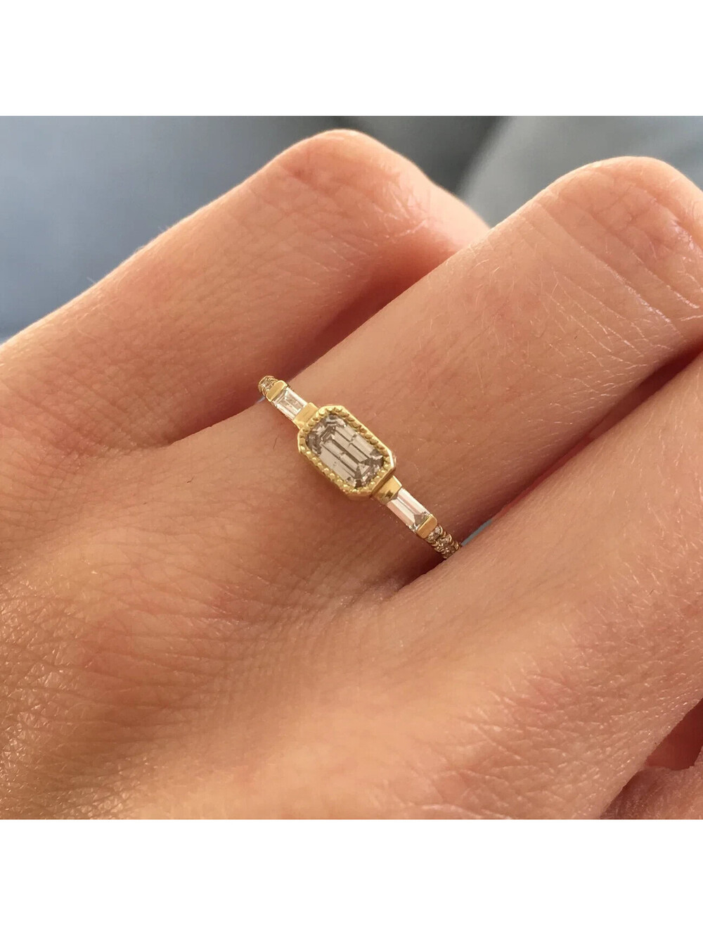 JENNIE KWON DESIGNS JS DIAMOND BAGUETTE EMERALD CUT ENGAGEMENT RING SIZE 5 - Picture 2 of 10
